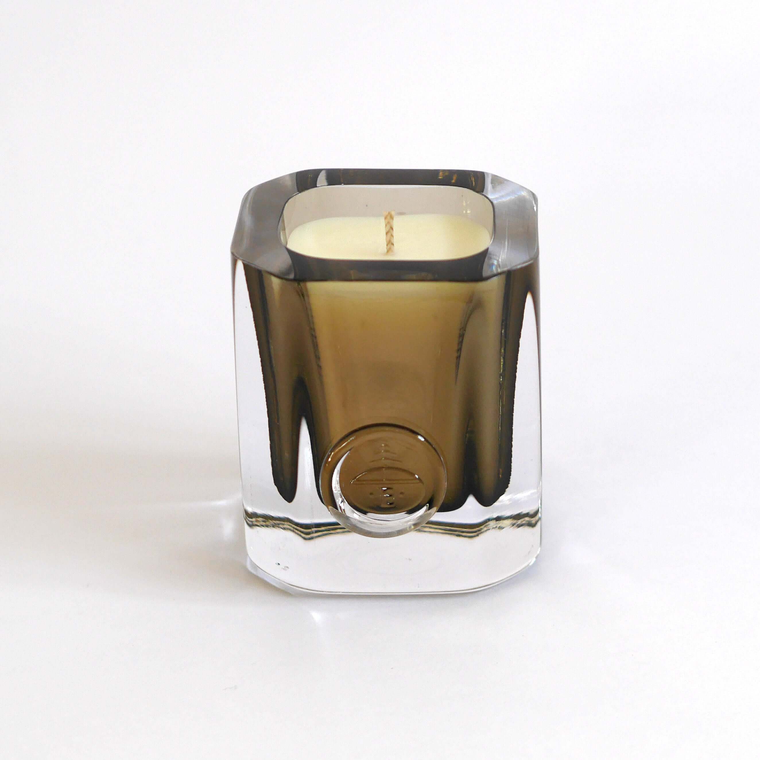 Sandalwood and Cedarwood scented candle in handblown glass vessel